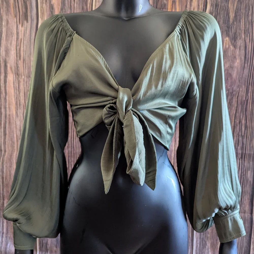 Reset By Jane Olive Green Tie-Front Blouse - Picture 1 of 8